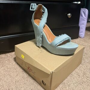 Bonnibel Light Blue Frayed Wedge Sandals